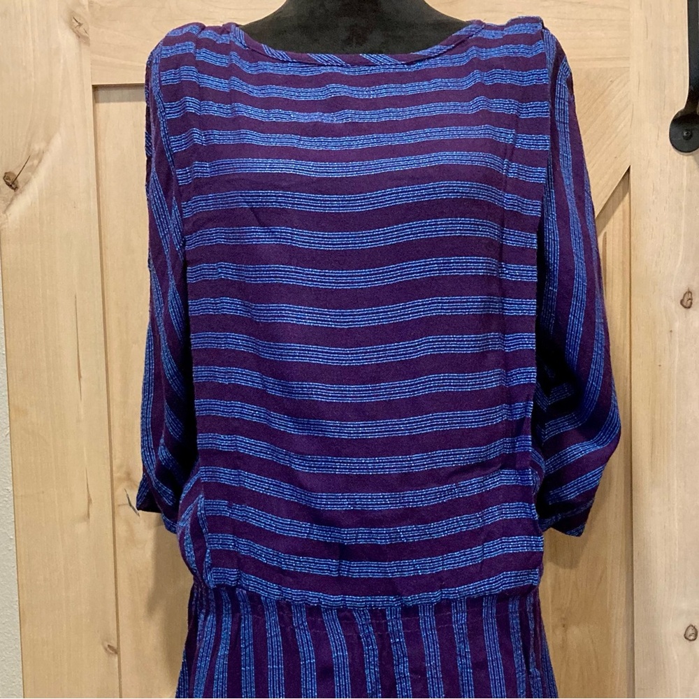 Vintage 90s Purple Blue Striped Drop Waist Dress 3/4 Sleeve Medium - Picture 4 of 12